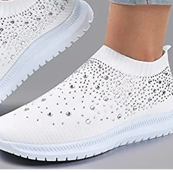 FASHION REHINESTONED FLAT PLATFORM SLIP ON KNITTED CASUAL OUT DOOR WHITE SNEAKER - Picture 4 of 8